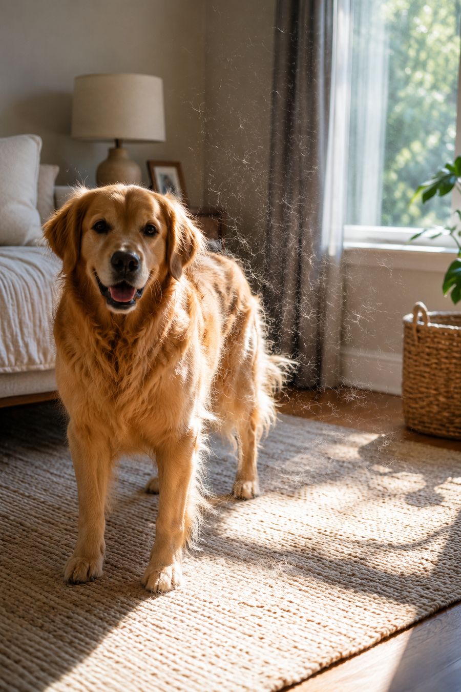 Dog in a home with visible floating pet hair in the light